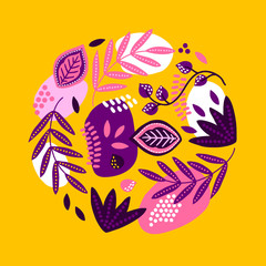 Jungle greeting card with palm leaves, liana, spots. Circle ornament.