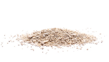 Desert sand pile with pebbles, rocks isolated on white background and texture, with clipping path