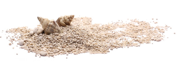 Sand with pebbles, rocks and seashells isolated on white background