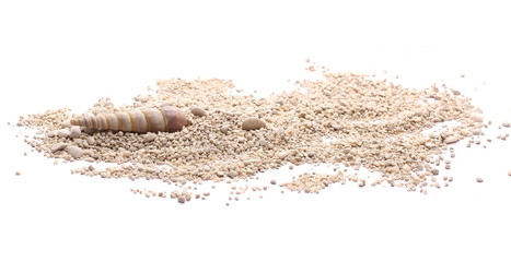 Sand with pebbles, rocks and seashells isolated on white background