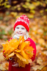 little girl 4 years old in a red hat and coat walking in autumn park in October, during the golden autumn with a bouquet of yellow maple leaves smiling