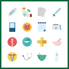 16 cure icon. Vector illustration cure set. band aid and stethoscope icons for cure works