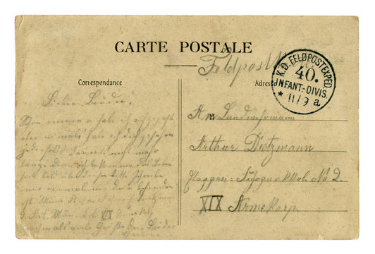 Back of historical French postcard with german  letter written in pencil, with  field mail postmark stamp,  world war one 1914-1918. Germany