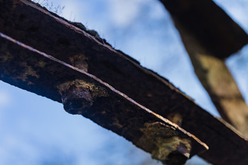 Fototapeta premium Old rusty waterwheel. Detail shot of a bolt