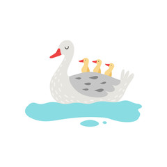 Beautiful White Goose Cartoon Character Swimming in Pond with Goslings Vector Illustration