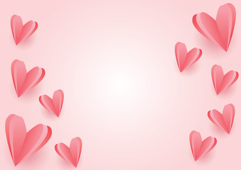 Paper shape of heart flying on pink background. Vector symbols of love for Happy Women's, Mother's, Valentine's Day
