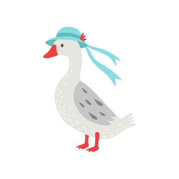 Beautiful White Goose Cartoon Character Wearing Elegant Hat With Ribbon Vector Illustration