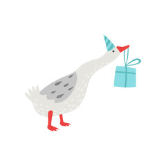 White Goose Holding Gift Box in Its Beak, Cute Bird Cartoon Character Wearing Party Hat Vector Illustration