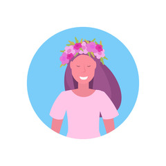 cheerful woman face avatar girl in wreath of flowers female cartoon character portrait white background flat