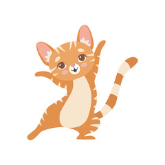 Happy Striped Funny Red Cat, Cute Kitten Animal Pet Character Standing on Two Legs Vector Illustration