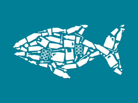 Ocean plastic pollution. Ecological poster Fish composed of white plastic waste bag, bottle on blue background. Plastic problem
