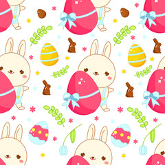 Easter seamless pattern. Background with easter rabbit and eggs in cartoon kawaii style