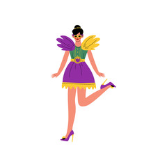 Beautiful Young Woman Wearing Bright Traditional Mardi Gras Costume and Mask, Girl Celebrating Carnival Party Vector Illustration
