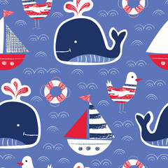 Whimsical Cute, Hand-Drawn with Crayons, Whale, Ship, Seagull, Lifebuoy Vector Seamless Pattern. Blue Background