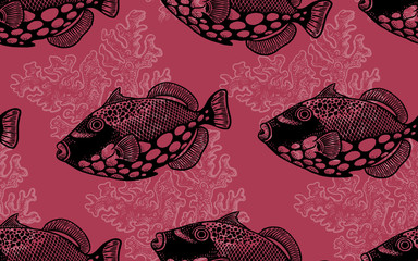 Decorative fish butterfly and coral under water. Seamless vector pattern.