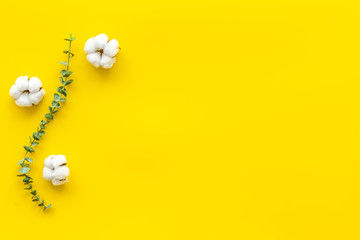 Flowers composition on yellow desk with fresh eucalyptus branches and cotton. Flat lay, top view, copy space