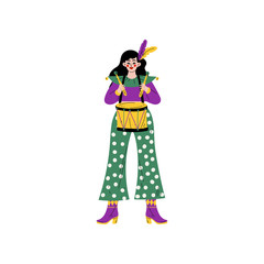 Beautiful Woman Wearing Bright Traditional Mardi Gras Costume Playing Drum, Girl Celebrating Carnival Party Vector Illustration