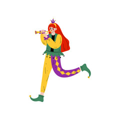 Beautiful Woman in Bright Traditional Mardi Gras Costume Playing Trumpet, Girl Celebrating Carnival Party Vector Illustration