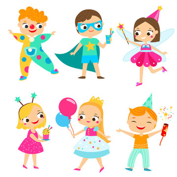 Party kids. Children in costumes having fun. Cartoon boys and girls for Birthday and holidays design