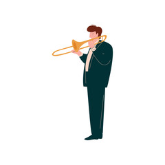 Young Woman Playing Trumpet, Female Musician Trumpeter Player with Classical Musical Instrument Vector Illustration