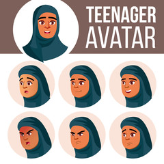 Arab, Muslim Teen Girl Avatar Set Vector. Face Emotions. Children. Beautiful, Funny. Cartoon Head Illustration