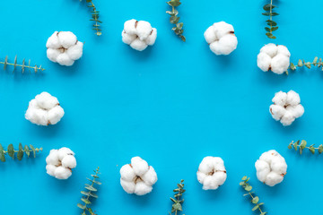 Flowers frame on blue desk with eucalyptus branches and cotton. Flat lay, top view, copy space - blog mockup