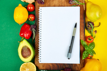 Shopping list, recipe book, diet plan. Diet or vegan food