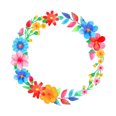 Colorful watercolor floral bouquet in the shape of a circle isolated on white background. Hand-drawn illustration