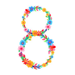 March 8. Colorful watercolor floral bouquets in the shape of number 8 isolated on white background. Hand-drawn illustration