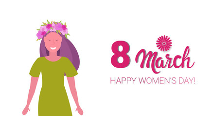 cheerful woman in wreath of flowers happy women day 8 march holiday celebration concept female character portrait white background horizontal greeting card