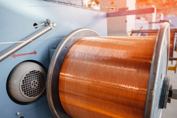 Production of copper wire, bronze cable in reels at factory