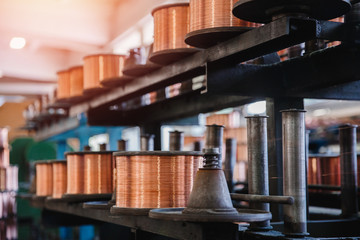 Production of copper wire, bronze cable in reels at factory