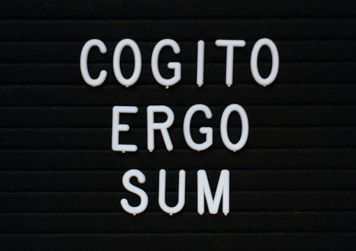 The words Cogito Ergo Sum or I think Therefore I Am in white letters on a notice board
