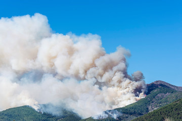 Huge fire in the woods of Monte Pisano threatens the inhabited centers of Vicopisano and Bientina, Tuscany, Italy