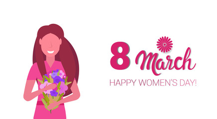 woman holding bouquet of flowers happy women day 8 march holiday celebration concept female cartoon character portrait white background horizontal greeting card