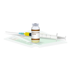 Immunization, Pneumococcal Vaccine Medical Test, Vial And Syringe Ready For Injection A Shot Of Vaccine Isolated On A White Background. Vector Illustration. Vaccination Healthcare Concept.