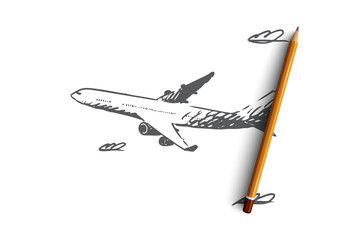 Airplane, sky, flight, transport, trip concept. Hand drawn isolated vector.
