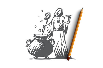 Magic, sorcerer, brew, potion concept. Hand drawn isolated vector.