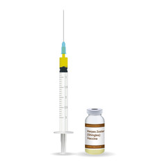 Immunization, Shingles Vaccine Plastic Medical Syringe With Needle And Vial Isolated On A White Background. Vector Illustration. Vaccination Healthcare Concept.