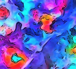 Visual modern pop art. Riot of colors on paper. Super bright background. Abstract surrealism. Expression of paint. Cartoon style backdrop. Handmade warm texture. Crazy vibrant wallpaper.