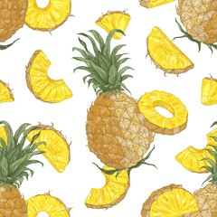 Decorative seamless pattern with whole and cut delicious juicy pineapples on white background. Backdrop with tasty tropical fruit. Elegant vector illustration in antique style for textile print.