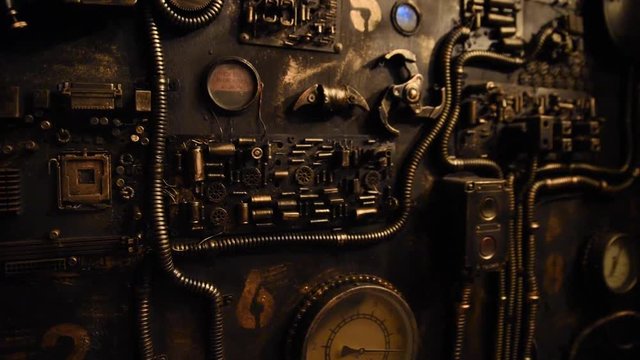 mechanisms, sensors, buttons in the style of steampunk, vintage, industrial.