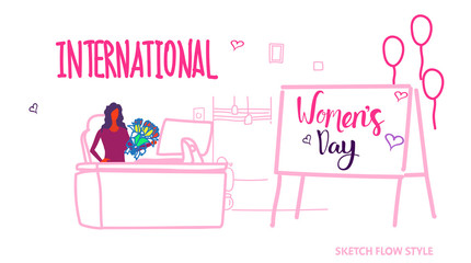business woman sitting workplace with flowers international happy womens 8 march day holiday celebrating concept modern office interior sketch doodle horizontal