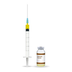 Immunization, Varicella Vaccine Plastic Medical Syringe With Needle And Vial Isolated On A White Background. Vector Illustration. Vaccination Healthcare Concept.