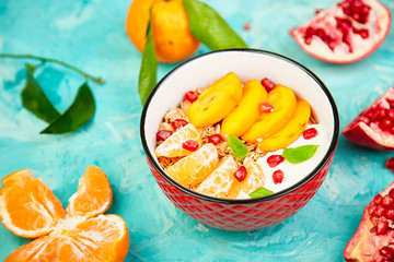 Tropical fruit Breakfast homemade granola yogurt. Healthy