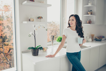 Close up photo beautiful brunette she her lady homey indoors watch through window hold beverage glad clean flat wearing domestic home apparel clothes outfit comfy table kitchen