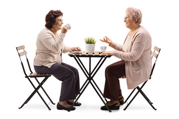 Two elderly women drinking coffee at a table and talking
