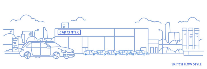 cars dealership center showroom building exterior with new modern vehicles cityscape background sketch flow style horizontal banner