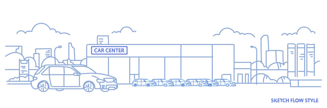 cars dealership center showroom building exterior with new modern vehicles cityscape background sketch flow style horizontal banner
