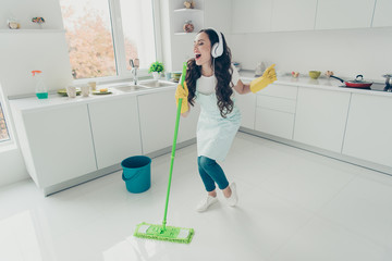 Full length body size photo beautiful attentive hardworking pleasant duties she her lady house ear...